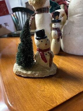 Holiday Snowman Table Figurine with Green Tree - Red Scarf